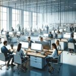 Oficina moderna con personas trabajando en computadoras, ambiente tecnológico y digital.