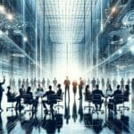 Reunión empresarial en un entorno moderno de innovación tecnológica.