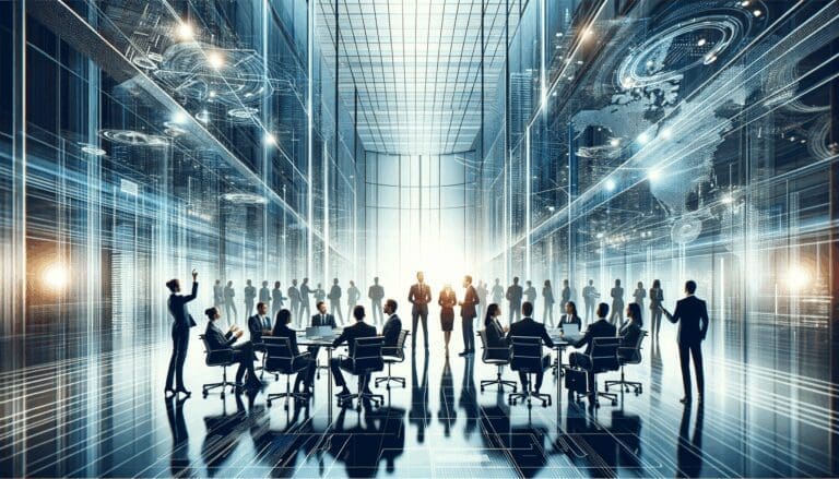 Reunión empresarial en un entorno moderno de innovación tecnológica.