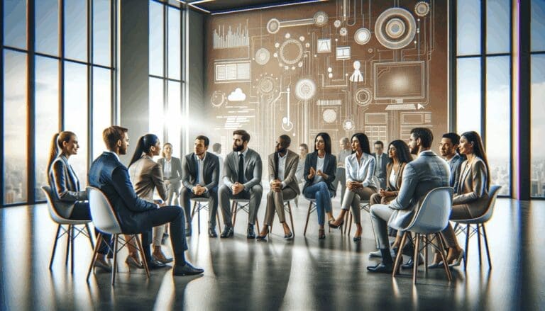 Grupo de emprendedores y ejecutivos dialogando en un espacio moderno con pantallas y gráficos tecnológicos al fondo.
