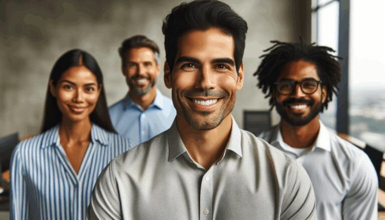 Retrato de un emprendedor sonriente junto a su equipo en una oficina tecnológica moderna, con ambiente colaborativo.