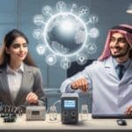 Laboratorio tecnológico con ingenieros trabajando en dispositivos IoT.