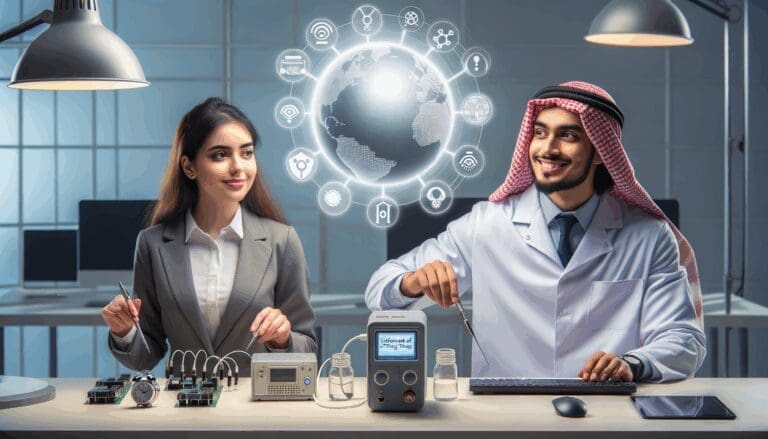 Laboratorio tecnológico con ingenieros trabajando en dispositivos IoT.