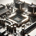 Primer plano de microchips sobre una placa base con tubos de refrigeración líquida, ambiente tecnológico y moderno.