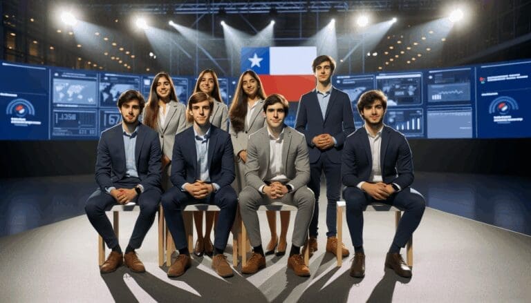 Jóvenes emprendedores chilenos presentando su proyecto en un escenario tecnológico internacional.
