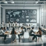 Interior moderno de un centro de innovación, mesas colaborativas, jóvenes emprendedores y pantallas con datos tecnológicos.