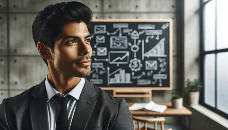 Retrato editorial de un emprendedor mirando hacia una pizarra llena de esquemas en un espacio moderno y luminoso.