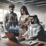 Personas colaborando frente a una laptop con gráficos financieros digitales en un espacio de coworking moderno.