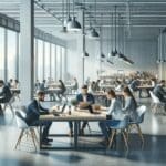 Espacio moderno de coworking con emprendedores colaborando en laptops y mesas abiertas, ambiente luminoso y creativo.