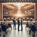 Emprendedores conversando frente a un escenario tecnológico en un auditorio moderno, iluminación cálida.