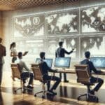 Oficina moderna con emprendedores colaborando y gráficas digitales de criptomonedas en pantallas.