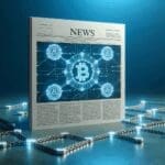 Representación digital de la tecnología blockchain con cadenas y nodos conectados sobre un fondo azul moderno.