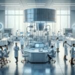 Laboratorio biomédico moderno con científicos trabajando y equipos tecnológicos de última generación.