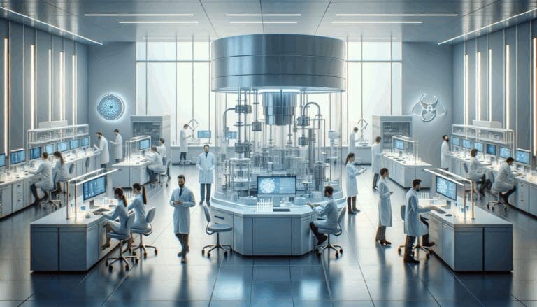 Laboratorio biomédico moderno con científicos trabajando y equipos tecnológicos de última generación.