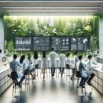 Laboratorio de biotecnología contemporáneo con científicos y pantallas de datos rodeados de vegetación.
