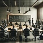 Reunión de startups en una sala de conferencias moderna con pizarras y laptops.