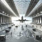 Perspectiva de hangares modernos y aviones conectados con gráficos digitales, ambiente innovador.