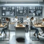 Personas colaborando en un laboratorio tecnológico con equipos de cocina avanzados y pantallas digitales, ambiente moderno e innovador.