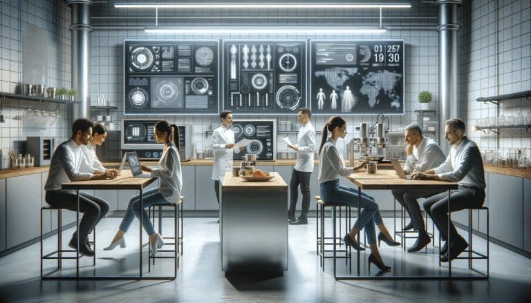 Personas colaborando en un laboratorio tecnológico con equipos de cocina avanzados y pantallas digitales, ambiente moderno e innovador.