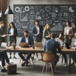 Emprendedores reunidos en una sala moderna frente a pizarras y computadoras portátiles, ambiente colaborativo.