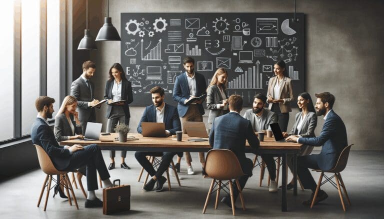 Emprendedores reunidos en una sala moderna frente a pizarras y computadoras portátiles, ambiente colaborativo.