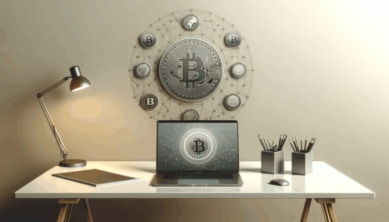 Ilustración de una computadora portátil junto a monedas digitales sobre un escritorio moderno con fondo neutro.