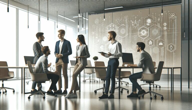 Equipo de jóvenes emprendedores colaborando en un espacio de coworking moderno y tecnológico.