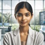 Retrato de una joven científica en un entorno de laboratorio moderno, con elementos tecnológicos y naturaleza de fondo.