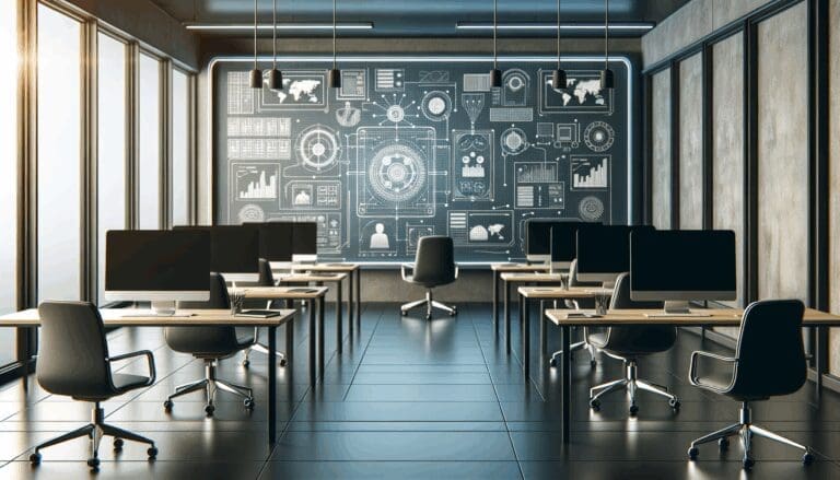 Oficina moderna con computadoras y pizarras, ambientación tecnológica.