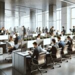 Oficina moderna con equipos tecnológicos y profesionales trabajando en laptops, ambiente colaborativo.