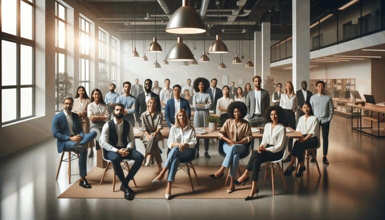 Retrato inspirador de un grupo diverso de emprendedores reunidos en una oficina moderna con ambiente colaborativo.