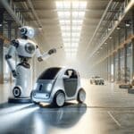 Robot y vehículo autónomo interactuando en un espacio industrial moderno y bien iluminado.