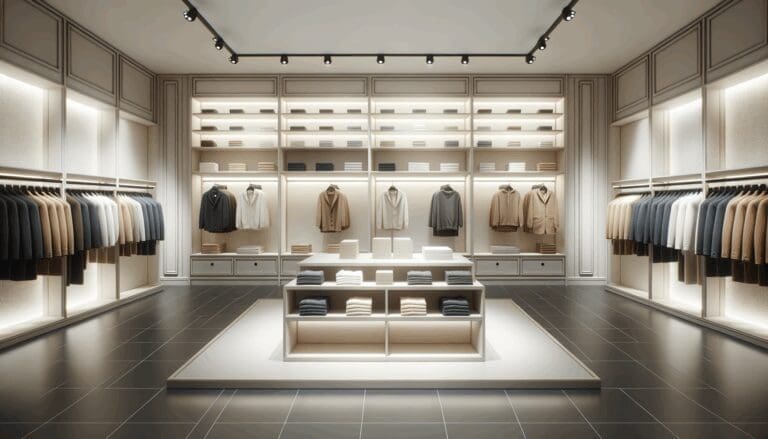 Interior de una moderna tienda de ropa vacía con estantes ordenados.