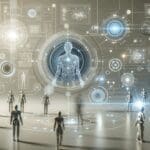 Ilustración conceptual de inteligencia artificial conectando datos digitales en un entorno tecnológico moderno.