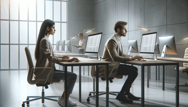 Dos personas trabajando frente a ordenadores en una oficina minimalista, ambiente de trabajo tecnológico y moderno.