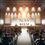 Auditorio moderno lleno de asistentes, escenario iluminado y panel de emprendedores en discusión.