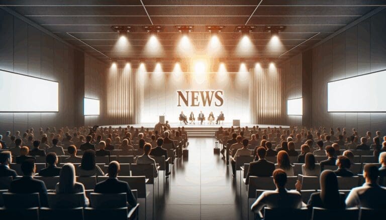 Auditorio moderno lleno de asistentes, escenario iluminado y panel de emprendedores en discusión.