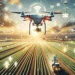 Drone capturando imágenes de campos agrícolas con tecnología de sensores y maquinaria inteligente.