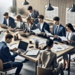 Oficina moderna con un equipo de jóvenes profesionales revisando documentos legales en laptops y papeles, ambiente colaborativo, estilo corporativo y tecnológico.