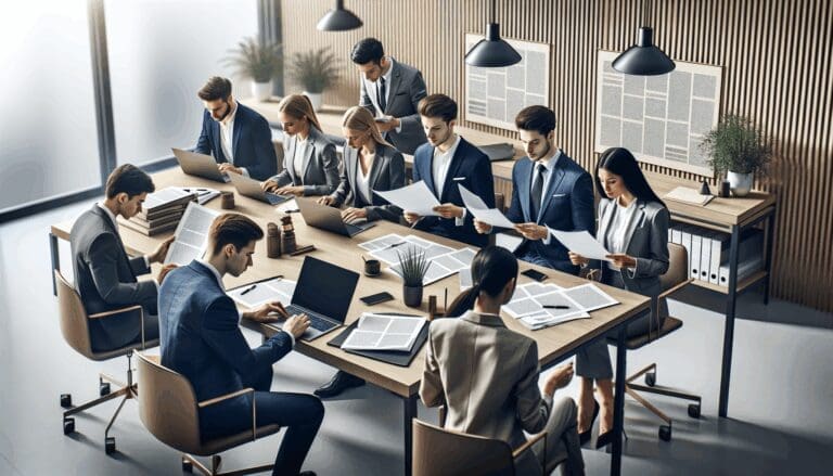 Oficina moderna con un equipo de jóvenes profesionales revisando documentos legales en laptops y papeles, ambiente colaborativo, estilo corporativo y tecnológico.