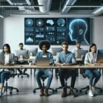 Equipo multicultural trabajando con pantallas y visualizaciones de inteligencia artificial en un espacio de coworking moderno.