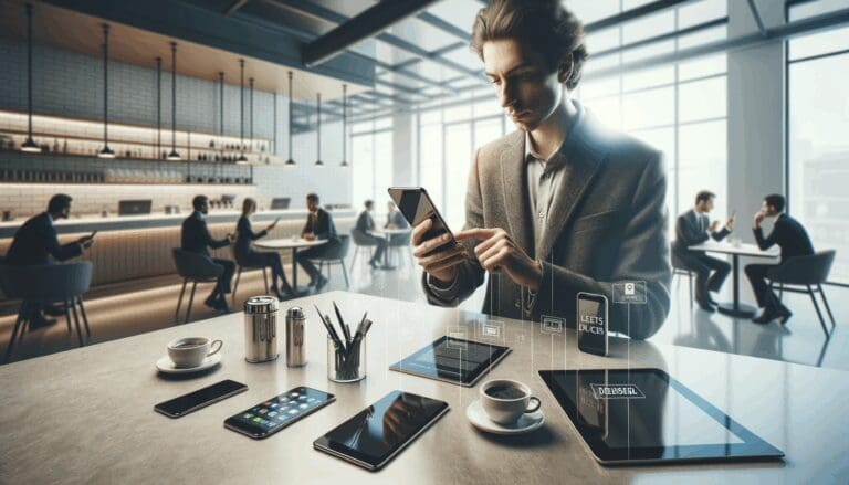 Persona revisando su teléfono móvil en una cafetería moderna, rodeada de tecnología.