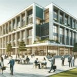 Edificio universitario moderno con áreas verdes y emprendedores conversando en un ambiente colaborativo.