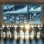 Sala de juntas moderna con emprendedores y pantallas digitales mostrando gráficos financieros y criptomonedas.