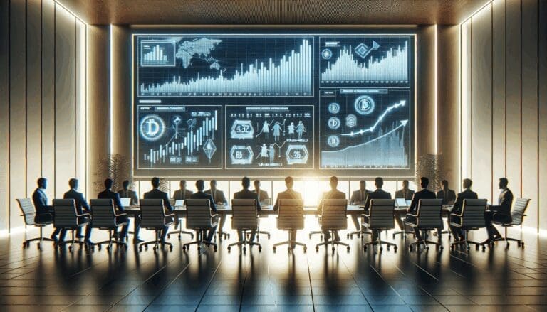 Sala de juntas moderna con emprendedores y pantallas digitales mostrando gráficos financieros y criptomonedas.