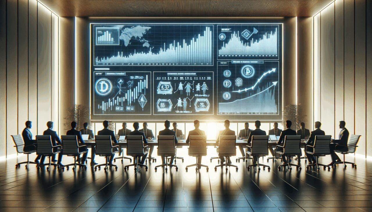 Sala de juntas moderna con emprendedores y pantallas digitales mostrando gráficos financieros y criptomonedas.