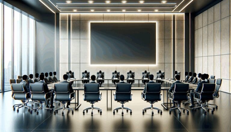 Fotografía de una junta de accionistas en una sala de reuniones moderna, ambiente profesional y tecnológico.