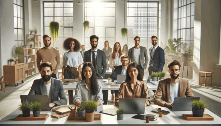 Equipo diverso de jóvenes emprendedores trabajando en una oficina luminosa rodeados de plantas y laptops.