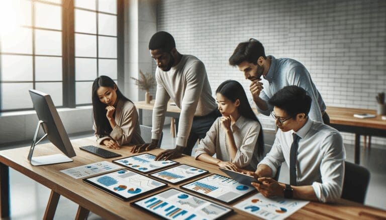 Equipo multicultural colaborando frente a pantallas con gráficos y datos en un espacio de coworking moderno.