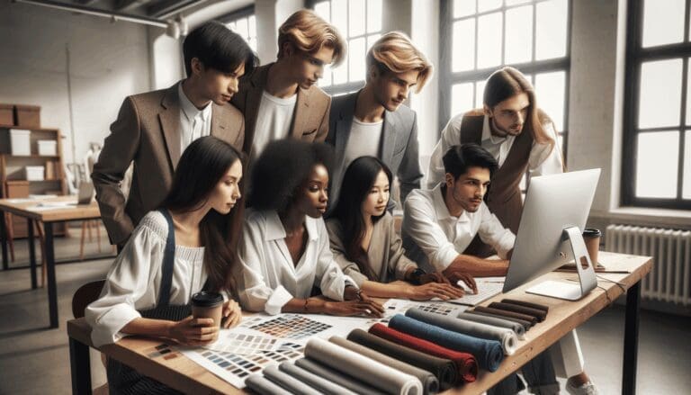 Grupo de jóvenes emprendedores trabajando con computadoras y muestrarios de telas en un espacio abierto y moderno.